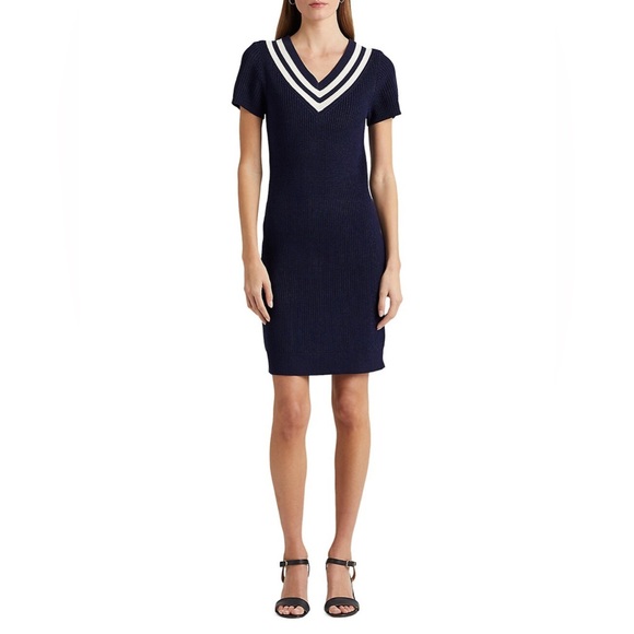 Lauren Ralph Lauren Cotton-Blend Cricket Sweater Dress French Navy & White SP - Picture 14 of 14